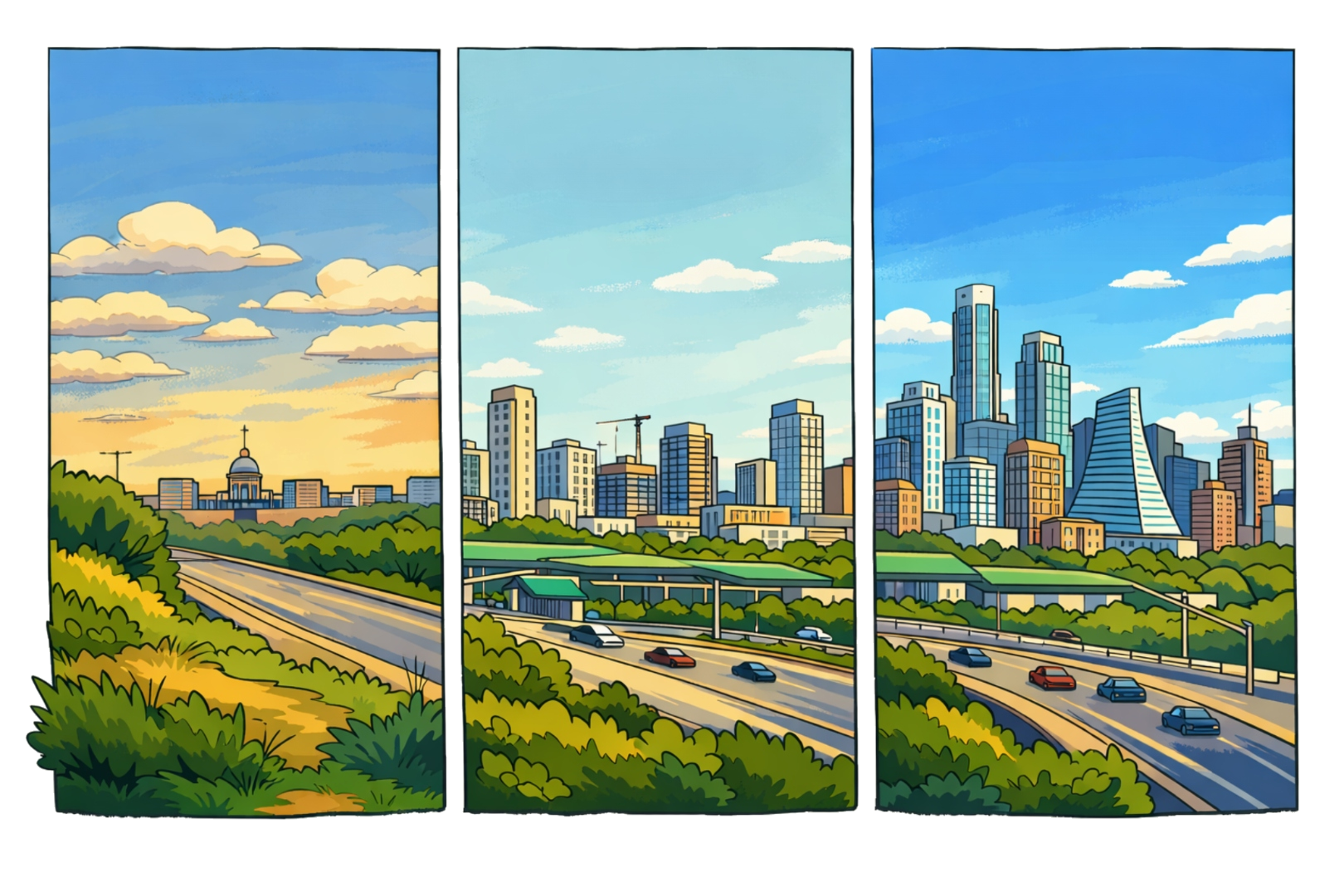 Austin skyline through the years illustration