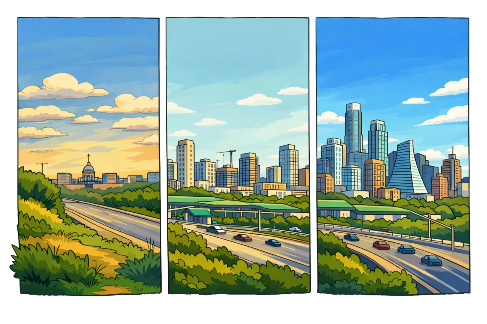 Austin skyline through the years illustration